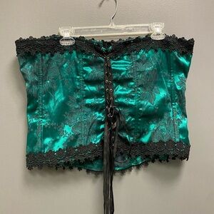 Intimate Attitudes Green Satin Black Lace Accent Lace Up Corset Size 44